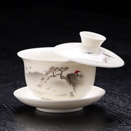 悬停盖碗羊脂玉三才德化简约办公茶杯家用功夫茶具茶碗客厅Hover over bowl suede jade three talent dehua simple officehenhao999.my20