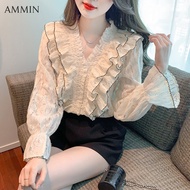 AMMIN 2023ฤดูใบไม้ผลิและฤดูใบไม้ร่วงใหม่ฉบับภาษาเกาหลีสไตล์ทุกอย่าง Ruffled Ruffled Edge ออกแบบ V คอ