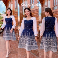 เดรสผ้าไทย ผ้าทอลาย+อัดกาว สีกรมท่า ตัดสีขาวแขนยาว คอหัวใจ k (อก32 - อก46)