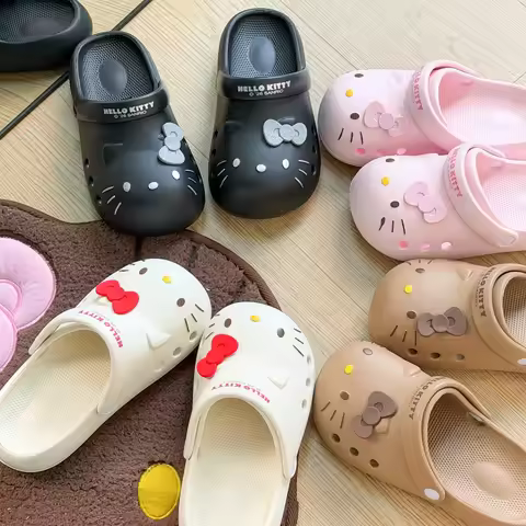 Cute Hello Kitty Girls Baotou Croc Shoes Women's Summer Home Sandals Anime Kawaii Kt Cat Kids Daily
