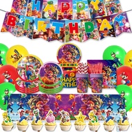 Super Mario Bros Party Supplies Disposable Tableware Plates Cups Happy Birthday Banner Gift Bag Ballons Cake Decorating