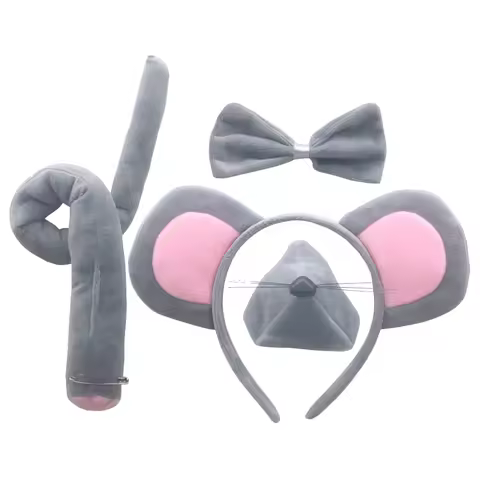 Gray Mouse Ears Headband Kids Rat Hair Hoop Animal Costume Set Party Decorative Tail Nose Braiders M