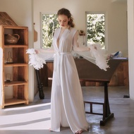 French Style Pajamas Women's Bridal Gown Fancy Feather Long Sleeves Long Sexy Bathrobe Night-Robe Mo