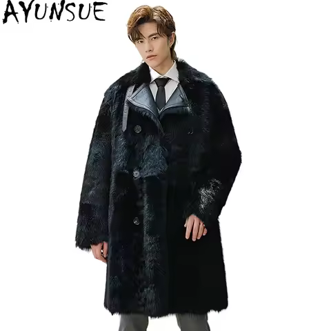 AYUNSUE Tuscan Sheepskin Leather Fur Jacket Luxury Winter Mid-length Natural Fur Coat Fashion Mens F
