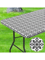 1入baroque款式桌布,pvc矩形桌布,帶有法蘭絨背和彈性邊緣,100%防水塑料桌布,適用於野餐、露營、戶外活動