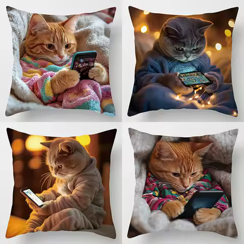 4-Piece Cute Theme Pillowcase Set – Featuring Cats Using Electronic Devices (Phones, Tablets, Laptop