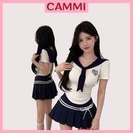 Sailor Suit Set Embroidered Logo Shirt + Short Pleated Skirt with Pretty Bow HB913