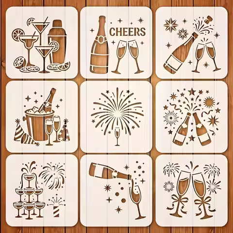 9pcs Champagne Wine Theme Stencil Plastic Painting Template with Bottle,Glasses,Fireworks Stars for 