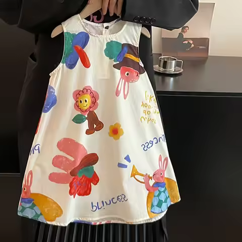 Summer New Kids Casual Cute Cartoon Pattern Print Sleeveless O-Neck A-Line Dress 1 Pc 2-7 Years Girl