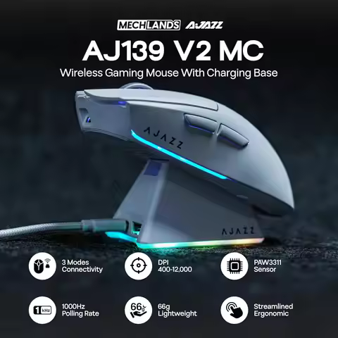 Ajazz AJ139 V2 MC Gaming Mouse with Charging Base Adjustable 12000DPI PAW3311 Sensor 3 Modes Wireles