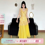 goddess dress dress sulam lovito dress Amyway Romantic Retro Ruffle Sling Dress - Yellow Print