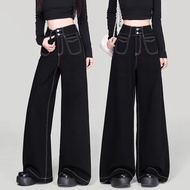 S-5XL Long pants Black hitam BLUE Wide leg Jeans denim Women's new style high waist loose straignt p