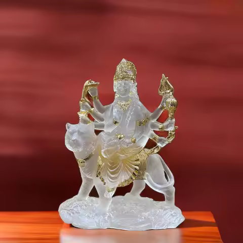 Indian Statue of Difficult To Approach Mother Durga Riding A Tiger and Lion Offering Resin Water Gla
