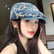 BRUCE1 Denim Forward Cap, Y2k Ethnic Style Embroidery Flower Forward Hat, Fashion Korean Style Cloth