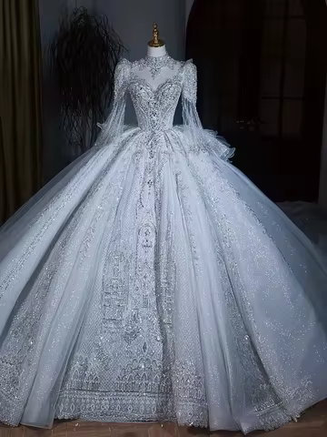 Luxury Sparkling Wedding Ball Dress Heavy duty Crystal Beads Long Sleeve Princess Bridal Dress Dubai