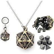 Haxtec Mini Metal DND Dice Set with Hollow Necklace Dice Case Antique Tiny Metal Dice Set D&D Keycha
