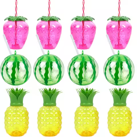 Plastic Pineapple Strawberry Cups with Straw Hawaiian Luau Party Decor Watermelon Drink Cups summer 