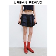 URBAN REVIVO กระโปรงสั้นทำจากผ้าฝ้ายเอวยางยืดลูกไม้ย้อนยุคลำลองของผู้หญิง UYU850086