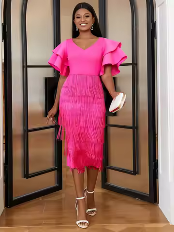 Aomei Fuchsia Tassel Party Dress For Women V Neck Ruffles Sleeve Fringe Bodycon Slim Evening Celebra