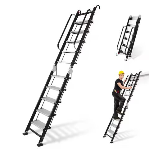 Foldable Aluminum Alloy 10 Step Attic Ladder 9.5ft Safety Climb Stairs with Handrails & Hooks for Sm