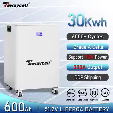 Tewaycell New 30KWh 20KWh 51.2V Lifepo4 Battery 600Ah 400Ah 51.2V Powerwall 6000+Cycles 16S BMS Mobi