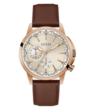 GUESS Men's 44mm Watch - Brown Strap White Dial Rose Gold Tone Case