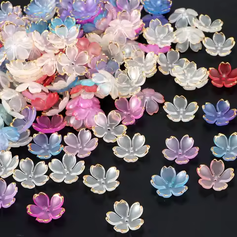 50pcs Cherry Blossoms Acrylic Beads Golden Brushed Patter Petals Charm Connector DIY Earrings Hair J