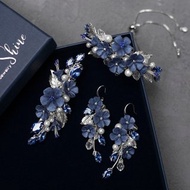 Royal blue flower jewelry set, Wedding earrings, Bridal dark hair clip, bracelet