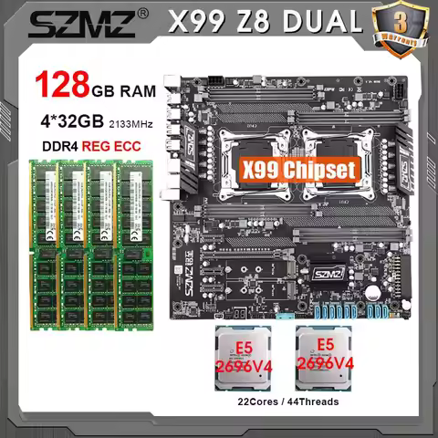 SZMZ X99 DUAL Z8 Motherboard LGA2011 v3 Set KIT Xeon e5 2696 V4 CPU 4*32GB= 128GB DDR4 2133MHZ RAM C