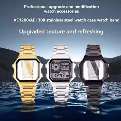Professional Custom Stainless Steel Case and Strap Replacement Set, Full Metal Cover for Casio AE-12