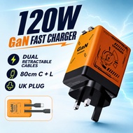 120W GaN Fast Charger Dual Retractable Type C iOS Cable 80cm Portable Wall Adapter UK Plug for iPhon