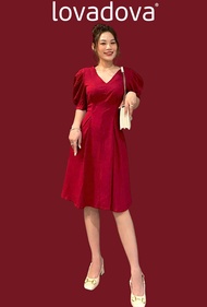 Đầm xòe màu đỏ đô cổ tim vải linen Lovadova FD0601