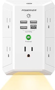 Multi Plug Outlet Surge Protector, POWERIVER 5-Outlet Extender with 4 USB Ports(1USB C) and Night Li
