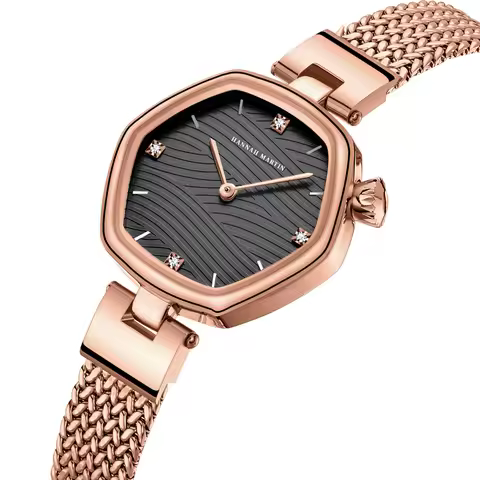 HANNAH MARTIN Minimalist Women Watch Stainless Steel Mesh Belt Rose Gold Geometric Japanese Movement