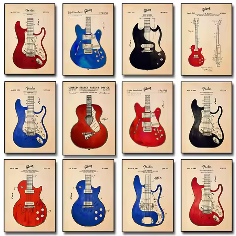 Electric Guitar Blueprint Fender Stratocaster Music Poster Print Wall Art Pictures Canvas Painting R