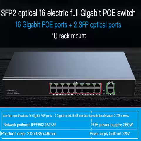 POE Switch 16 Port 100Mbps Gigabit 48V Standard Power Supply Monitoring Compatible with Hikvision Da