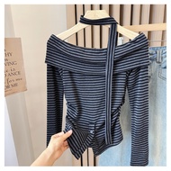 95370 Striped One-Shoulder Long-Sleeved t-Shirt