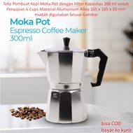 Moka Pot Coffee Maker with Filter Capacity 300 ML for Serving 6 Cups Aluminum Alloy Material 165 x 1