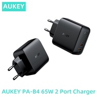 Original AUKEY PA-B4 PD/QC Qualcomm Quick Charger 65W 2-Port Wall Charger EU/US/UK Plug USB Type C Fast Charging Head for Smart Mobile Phone Android iPhone iPad Pad Tablet Notebook Computer Game Console Xiaomi Huawei Honor Samsung Oppo Adapter Charger