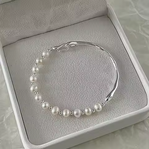 925 Sterling Silver Pearl Bracelets for Women Vintage Minimalist Irregular Metal Pearl Knots Charm B