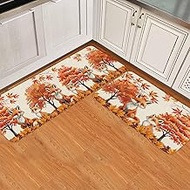 Autumn Orange Fox Kitchen Rugs 2 Piece, Maple Leaf Forest Linen Texture Kitchen Mats for Floor Washa