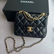 CHANEL香奈兒24P黑金菱格紋羊皮珍珠方胖子鏈條包🔗芯片款