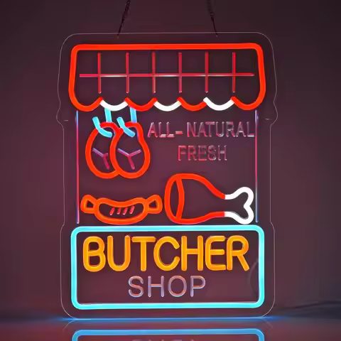 Butcher Shop Neon Sign All Natural Fresh Meat LED Light USB Powered Dimmable Wall Art for Store Rest