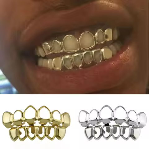 Classic 4 Hollow Teeth Grillz 6/6 Set Hip Hop Gold Silver Seven-Solored Tooth Caps Unisex Jewelry fo