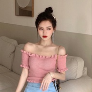 F&amp;L Women clothes korean solid color lace knit one-shoulder short t shirt navel-less slim crop tops  (READY STOCK)