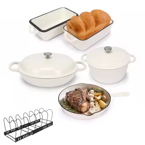 Enameled Cast Iron Cookware Set 7Piece Dutch Oven Skillet and Bread Pan with Rack Induction and Oven