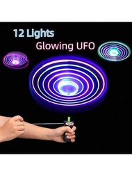 1入組有趣的旋轉發射器發光ufo飛碟帶led手柄閃光家長互動玩具,適用於兒童戶外遊戲（隨機顏色）