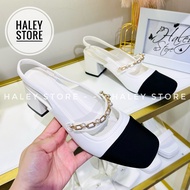 Giày búp bê marry xích ngọc HALEY STORE gót 5cm quai ngang đính xích đá mũi tròn đen tiểu thư công c