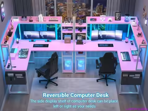 L-Shaped Gaming Desk with LED Lights, Power Outlet, Monitor Stand & Storage - Reversible Pink Office