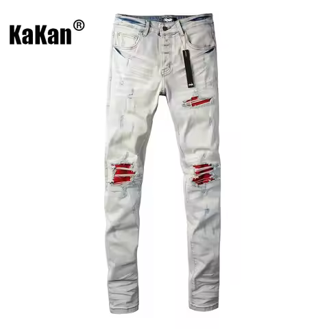 Kakan - New Men's Perforated Red Patch Elastic Jeans, Y2k High-quality Slim Fit Small Leg Long Jeans